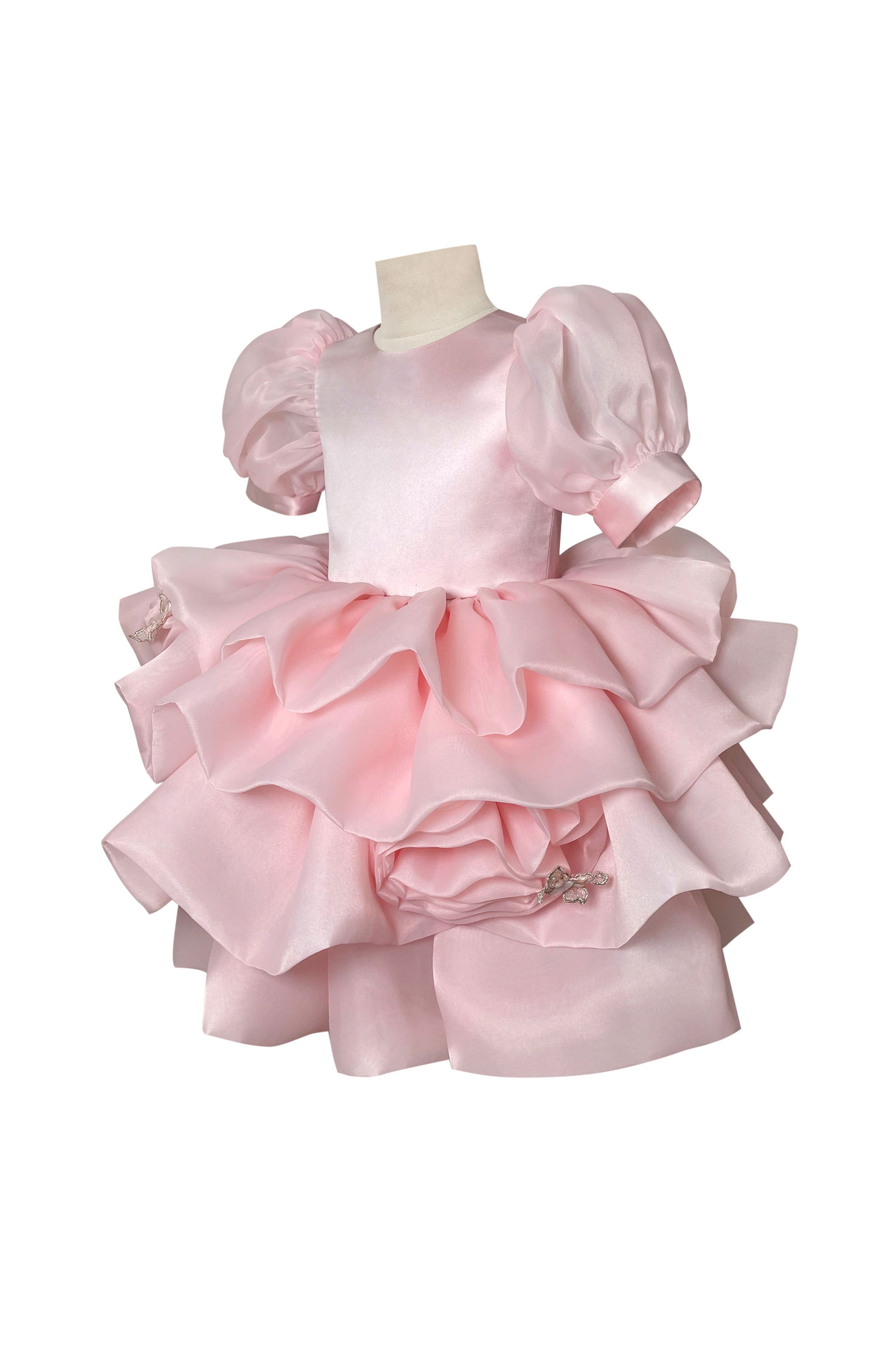Pink Organza Rose Dress with Half Sleeves