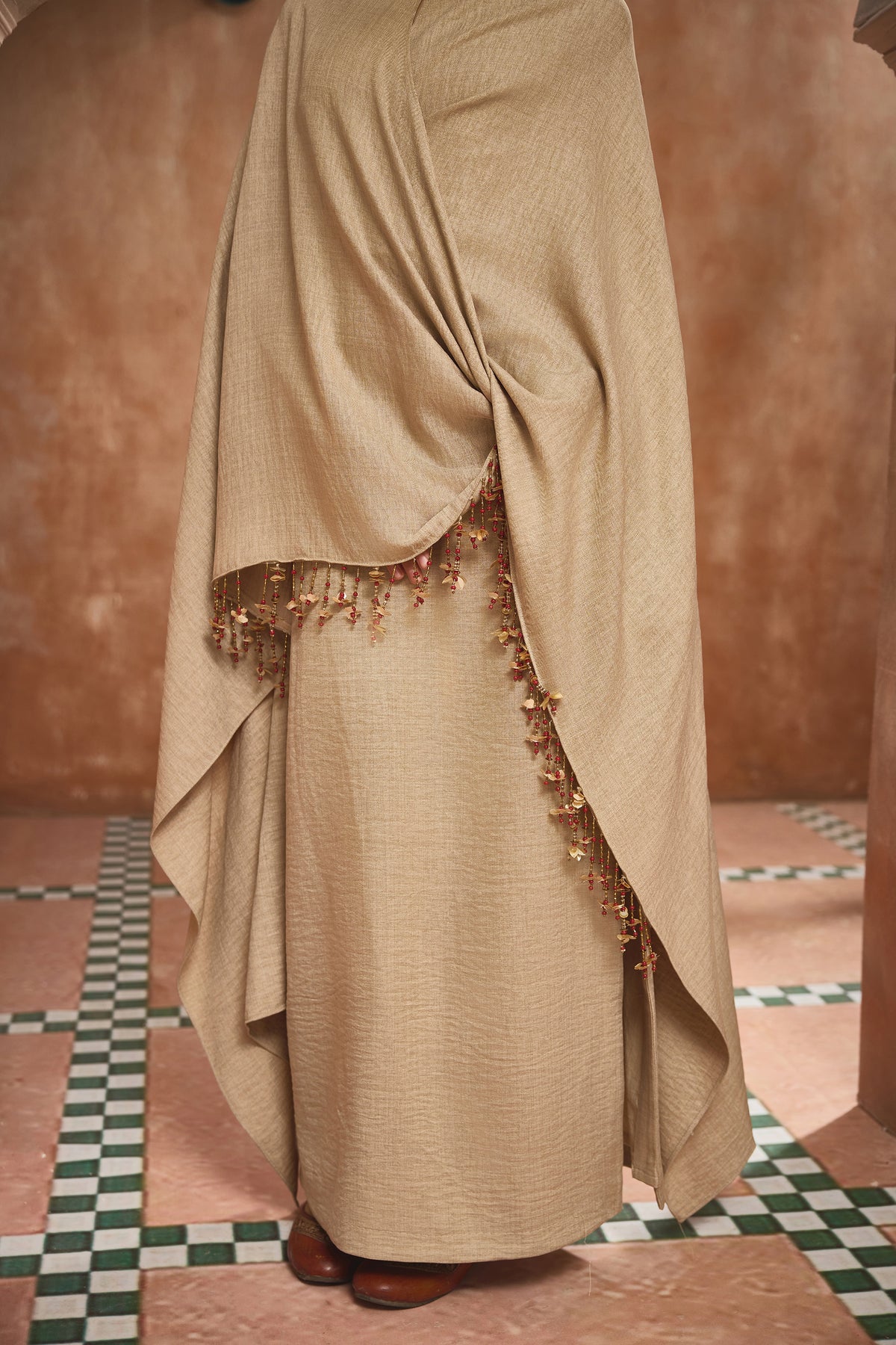 The Amal Draped Beige Cape Dress