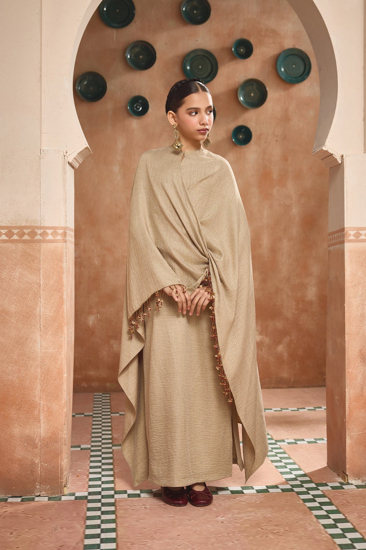 The Amal Draped Beige Cape Dress