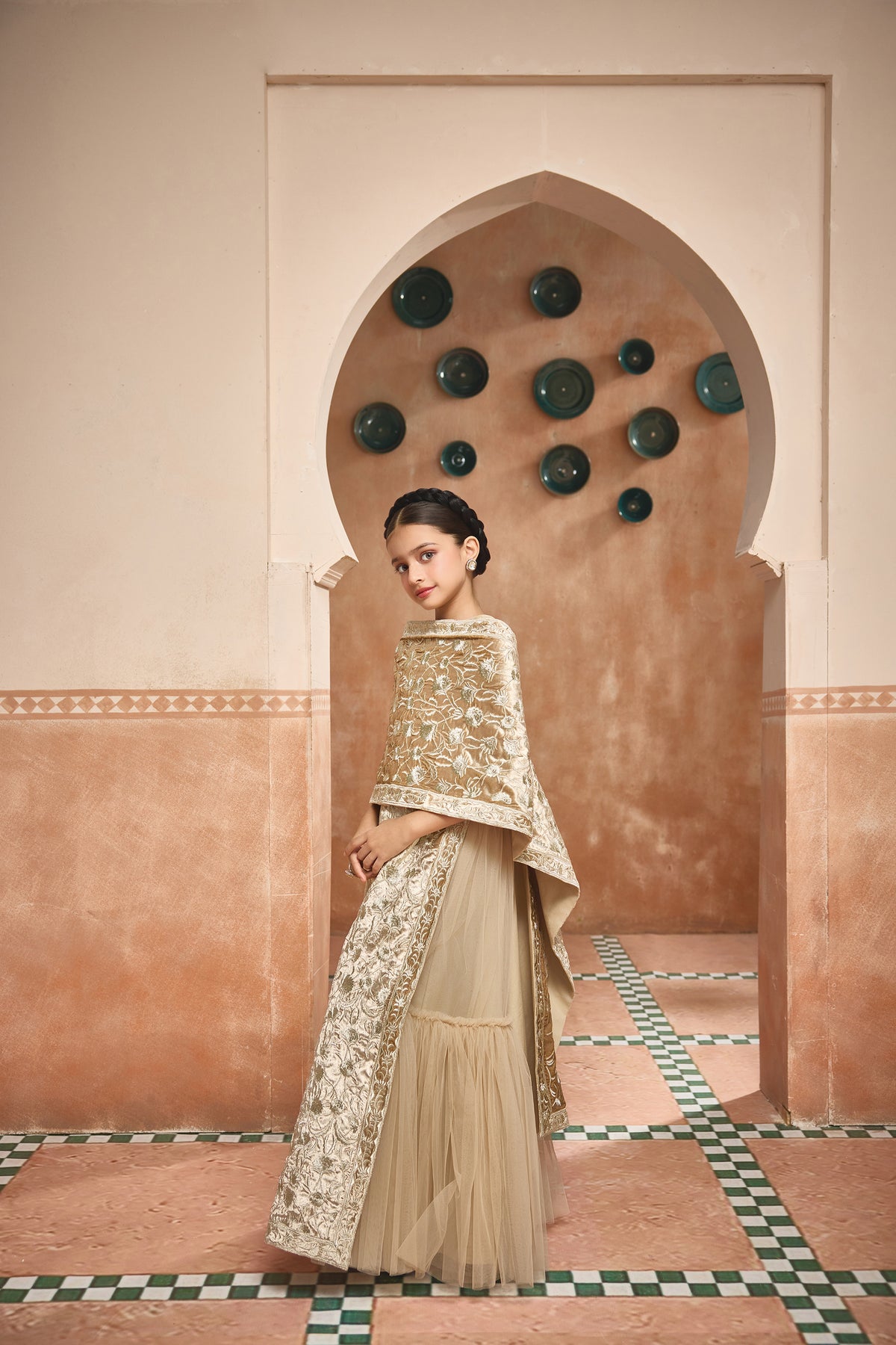 The Ayliz Embroidered Velvet Cape with Tulle Dress