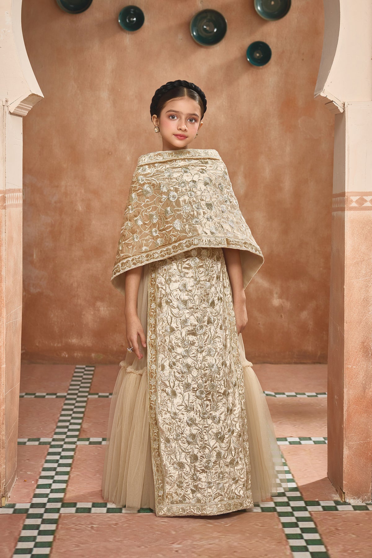 The Ayliz Embroidered Velvet Cape with Tulle Dress
