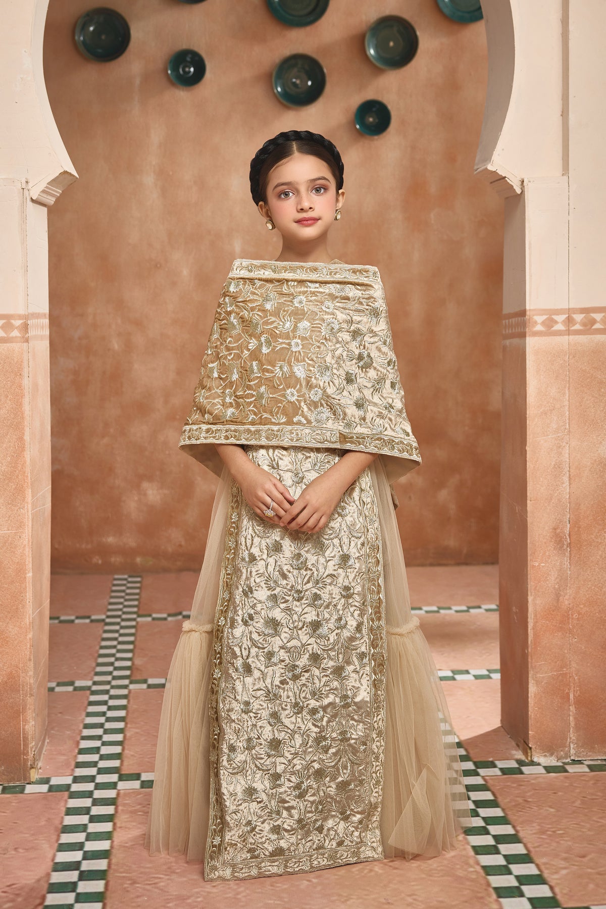 The Ayliz Embroidered Velvet Cape with Tulle Dress