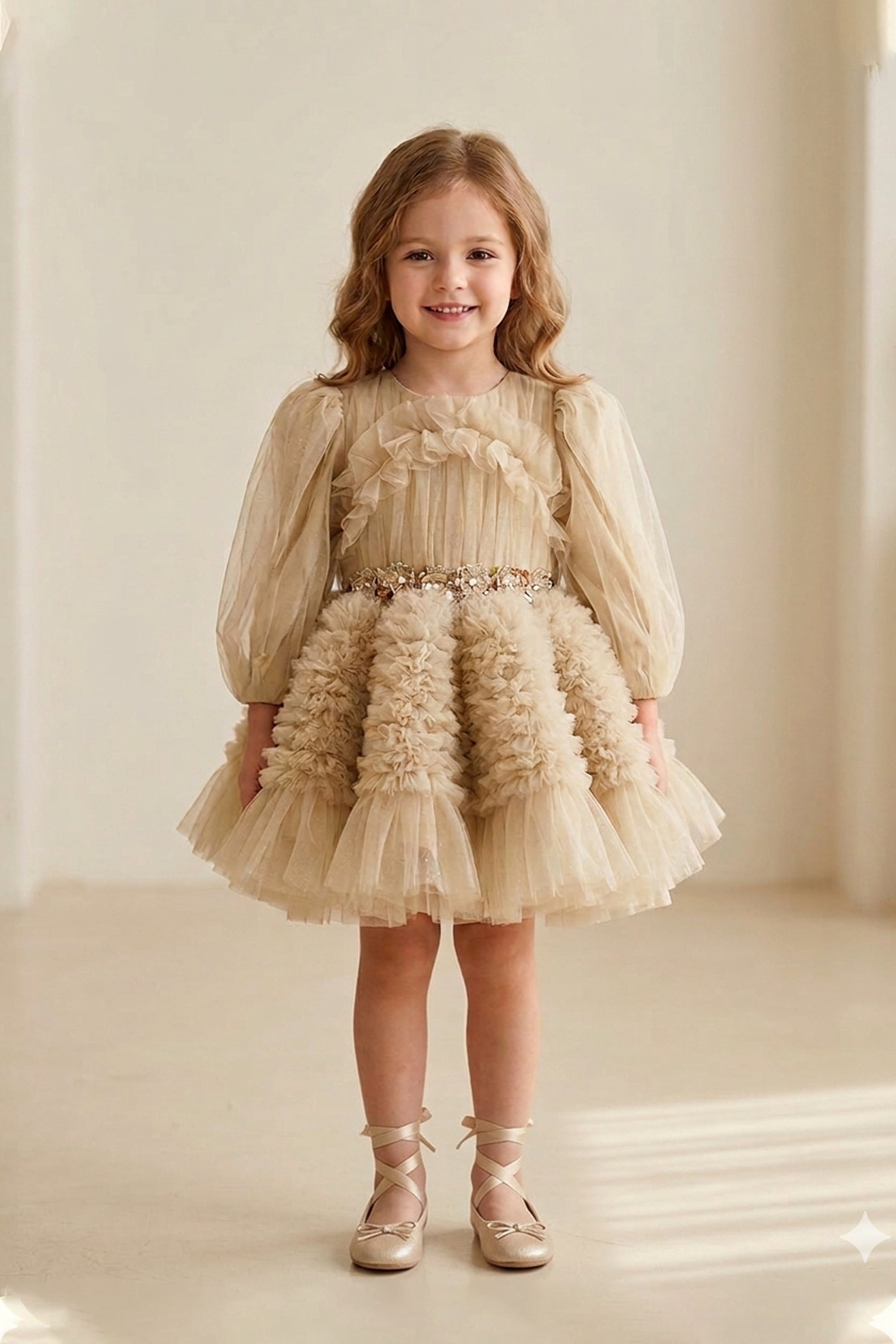 The Embellished Ariel Tulle Dress in Full Sleeves (Beige)
