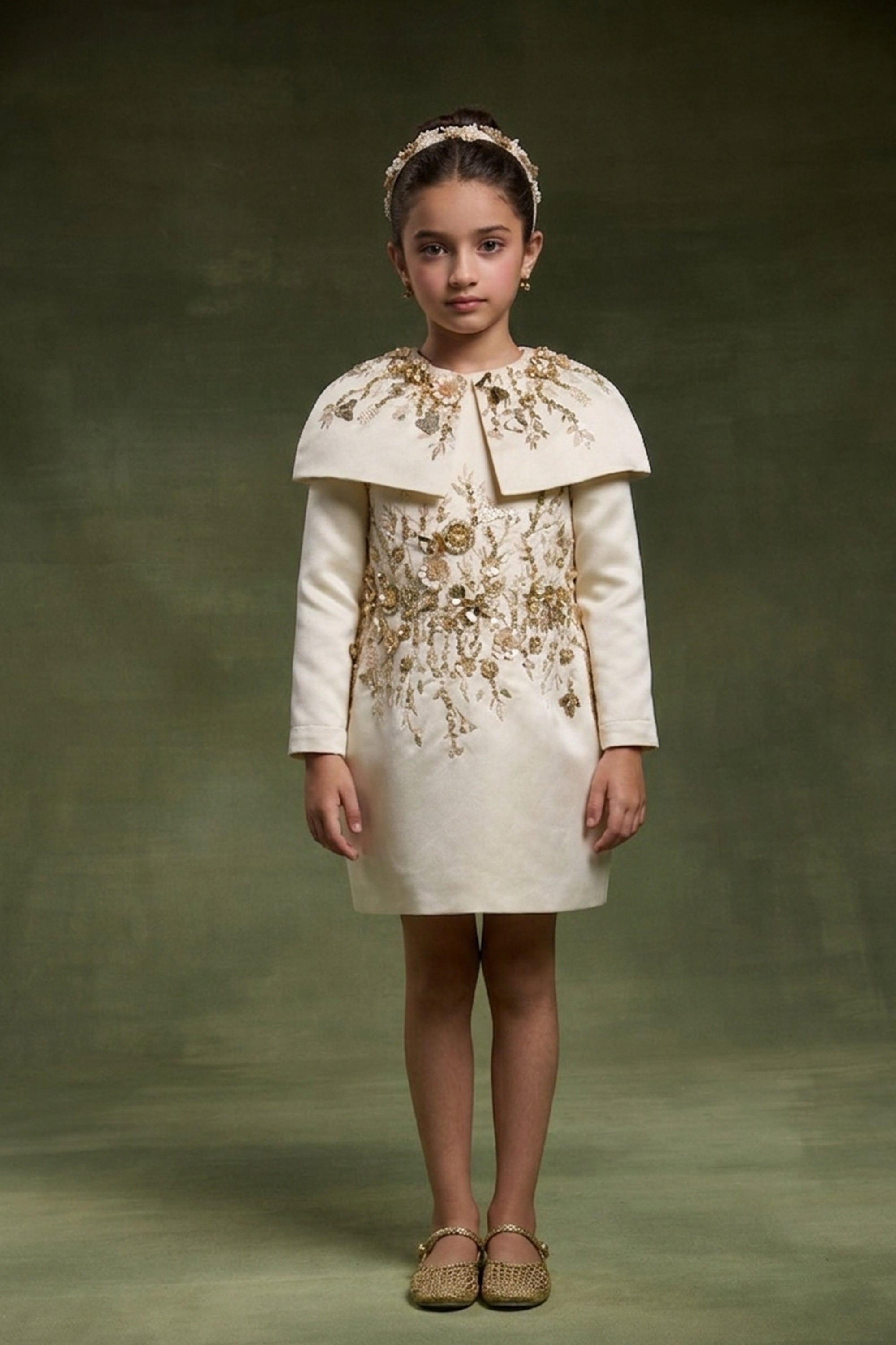 The Celestia Full Sleeves Gold Dress with Cape (Set of 2)