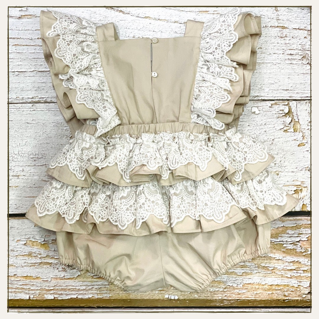 The Lacy Cotton Frill Romper (Beige)