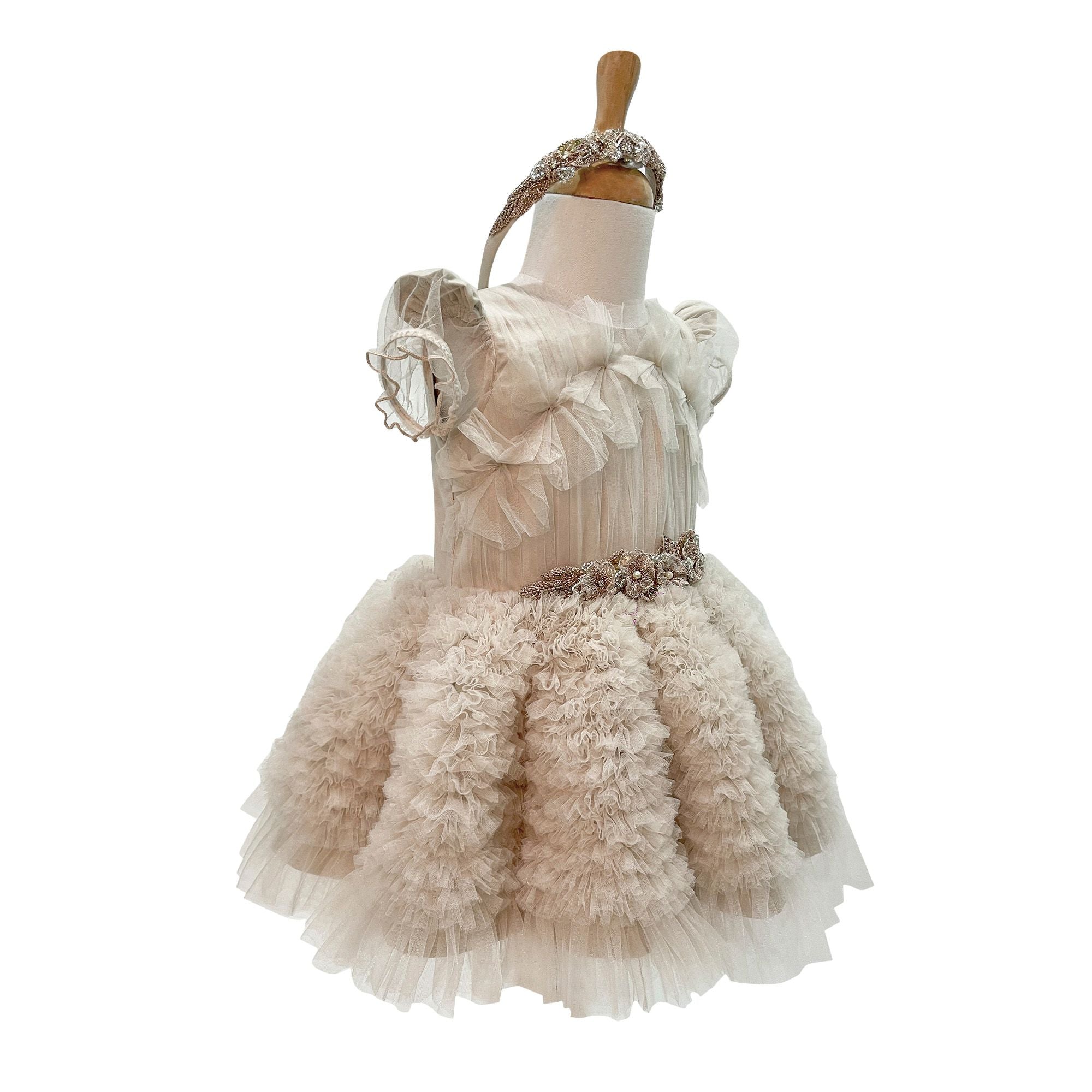 The Embellished Ariel Tulle Dress with Sleeves (Peach)